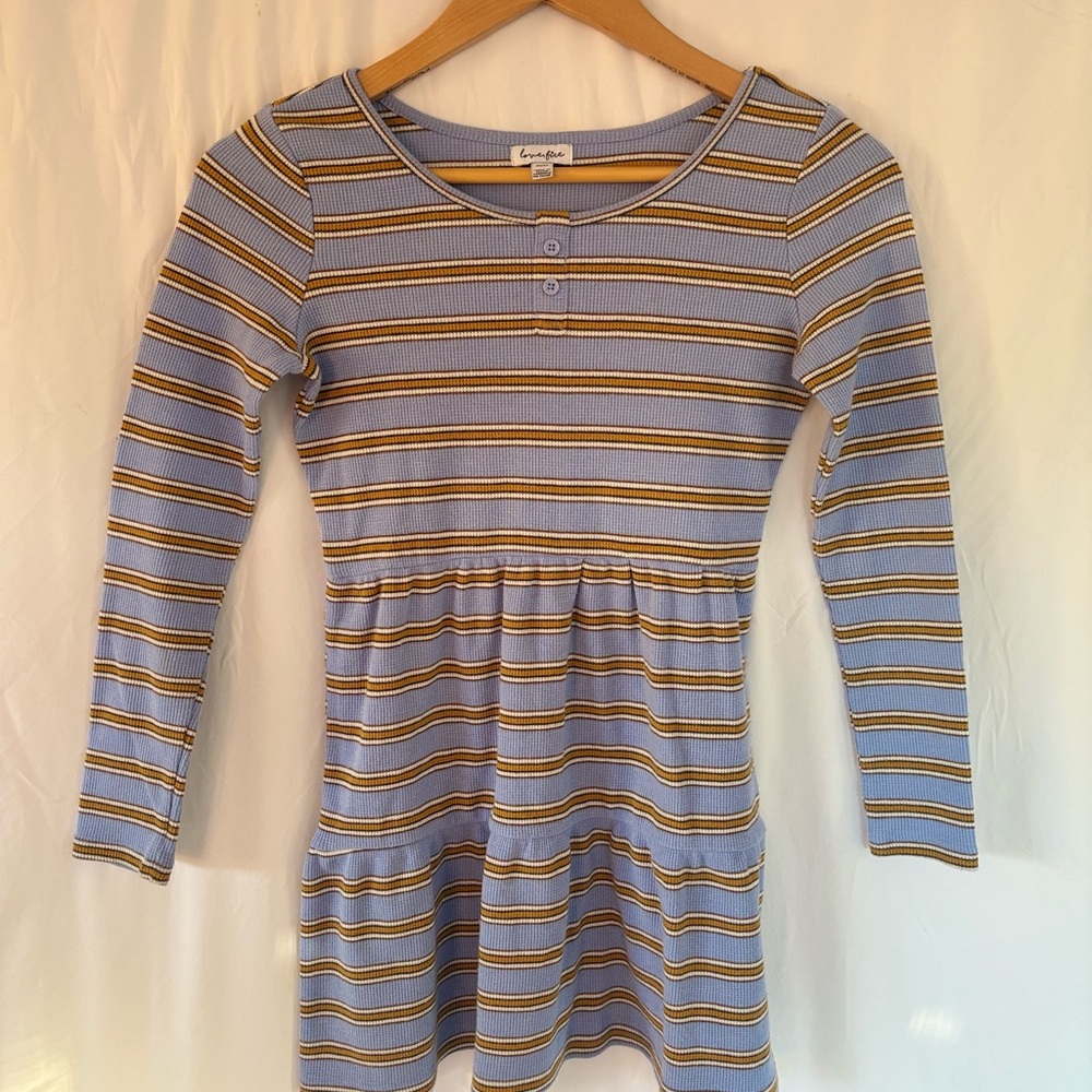 Love, Fire Ribbed Thermal Dress Blue Gold Stripe Tiered Ruffle Y2K | Girls L